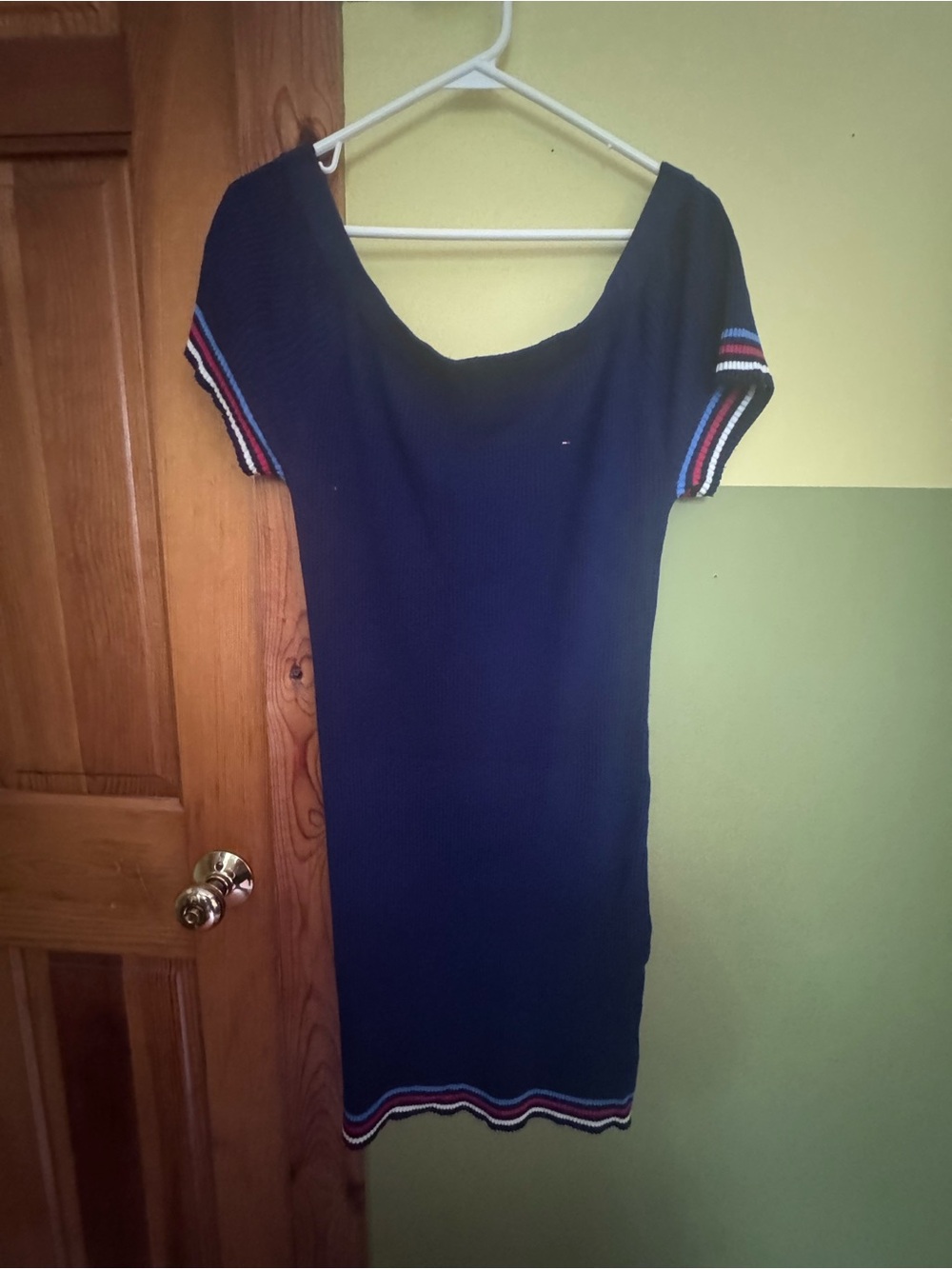 Tommy Hilfiger Navy Ribbed Short-Sleeve Mini Dress with Red-White-Blue Trim